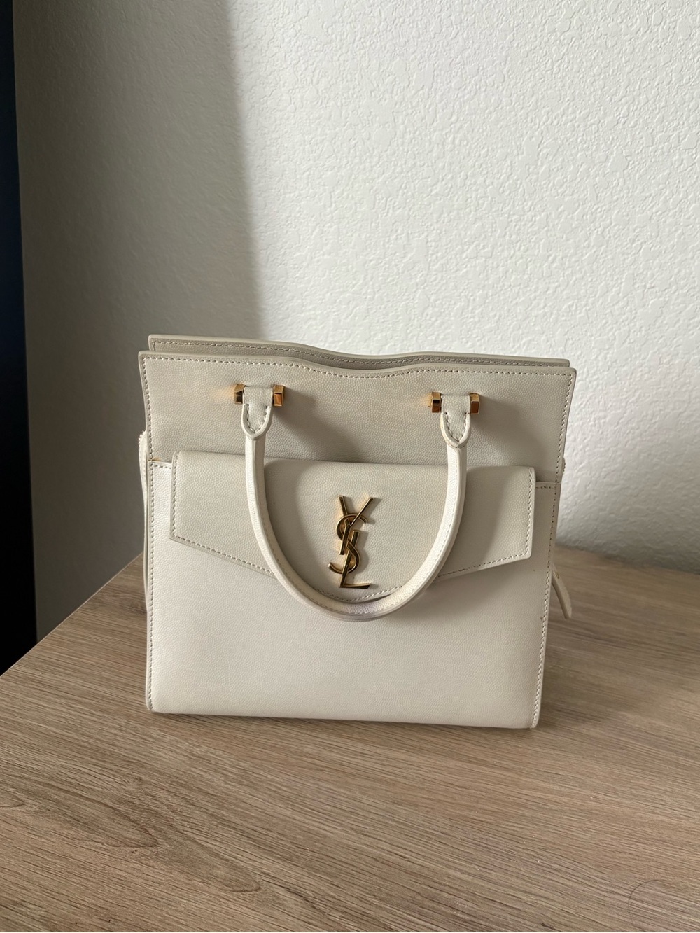 Saint Laurent Ivory Leather Top-Handle Satchel with Gold YSL Hardware